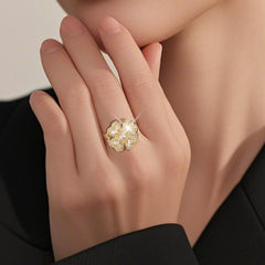 2 pack Gold-Tone Rotatable Floral Anxiety Rings for Women, Cubic Zirconia Spinning Flower Design, Stress Relief Fidget Rings