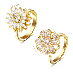 2 pack Gold-Tone Rotatable Floral Anxiety Rings for Women, Cubic Zirconia Spinning Flower Design, Stress Relief Fidget Rings