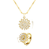 Sunflower Rotating Pendant Necklace & Ring Set with Zirconia, 14K Gold Plated, Adjustable 18-20 Inch Chain for Women – Elegant & Playful Nature-Inspired Jewelry, Sunflower Set