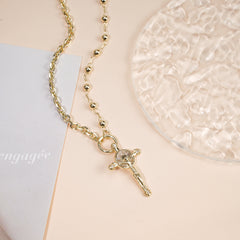 14k Gold Plated Christ Pendant Necklace with Cross & Zirconia, Adjustable 16-18 Inch Tri-Color Steel Bead Chain for Women – Faith-Inspired & Fashionable, Serial Two