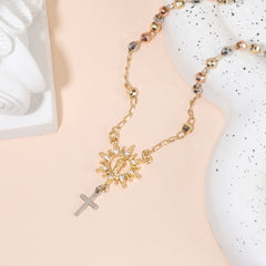 14k Gold Plated Christ Pendant Necklace with Cross & Zirconia, Adjustable 16-18 Inch Tri-Color Steel Bead Chain for Women – Faith-Inspired & Fashionable, Serial One