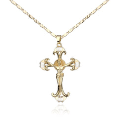 14k Gold Plated Christ Pendant Necklace with Cross & Zirconia, Adjustable 16-18 Inch Tri-Color Steel Bead Chain for Women – Faith-Inspired & Fashionable, Serial Four