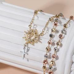 14k Gold Plated Christ Pendant Necklace with Cross & Zirconia, Adjustable 16-18 Inch Tri-Color Steel Bead Chain for Women – Faith-Inspired & Fashionable, Serial One