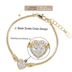 14K Gold Plated Heart Zirconia Snake Chain Bracelet - AX2