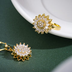 Sunflower Rotating Pendant Necklace & Ring Set with Zirconia, 14K Gold Plated, Adjustable 18-20 Inch Chain for Women – Elegant & Playful Nature-Inspired Jewelry, Sunflower Set