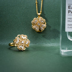 Four-Leaf Clover Rotating Pendant Necklace & Ring Set with Zirconia, 14K Gold Plated, Adjustable 18-20 Inch Chain for Women – Elegant & Playful Nature-Inspired Jewelry