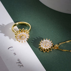 Sunflower Rotating Pendant Necklace & Ring Set with Zirconia, 14K Gold Plated, Adjustable 18-20 Inch Chain for Women – Elegant & Playful Nature-Inspired Jewelry, Sunflower Set