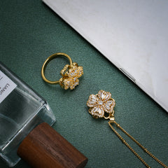 Four-Leaf Clover Rotating Pendant Necklace & Ring Set with Zirconia, 14K Gold Plated, Adjustable 18-20 Inch Chain for Women – Elegant & Playful Nature-Inspired Jewelry