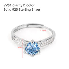 D Color VVS1 Moissanite Adjustable Ring – 925 Sterling Silver - Blue - LZ Serial