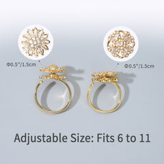 2 pack Gold-Tone Rotatable Floral Anxiety Rings for Women, Cubic Zirconia Spinning Flower Design, Stress Relief Fidget Rings