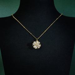 Four-Leaf Clover Rotating Pendant Necklace & Ring Set with Zirconia, 14K Gold Plated, Adjustable 18-20 Inch Chain for Women – Elegant & Playful Nature-Inspired Jewelry