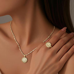 Sunflower Rotating Pendant Necklace & Ring Set with Zirconia, 14K Gold Plated, Adjustable 18-20 Inch Chain for Women – Elegant & Playful Nature-Inspired Jewelry, Sunflower Set