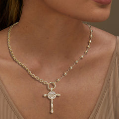 14k Gold Plated Christ Pendant Necklace with Cross & Zirconia, Adjustable 16-18 Inch Tri-Color Steel Bead Chain for Women – Faith-Inspired & Fashionable, Serial Two