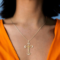 14k Gold Plated Christ Pendant Necklace with Cross & Zirconia, Adjustable 16-18 Inch Tri-Color Steel Bead Chain for Women – Faith-Inspired & Fashionable, Serial Four