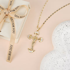 14k Gold Plated Christ Pendant Necklace with Cross & Zirconia, Adjustable 16-18 Inch Tri-Color Steel Bead Chain for Women – Faith-Inspired & Fashionable, Serial Four