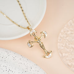 14k Gold Plated Christ Pendant Necklace with Cross & Zirconia, Adjustable 16-18 Inch Tri-Color Steel Bead Chain for Women – Faith-Inspired & Fashionable, Serial Four