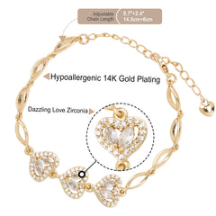 14K Gold Heart Zirconia Bracelet – Adjustable, Hypoallergenic, Sparkling Gift for Her - AX3