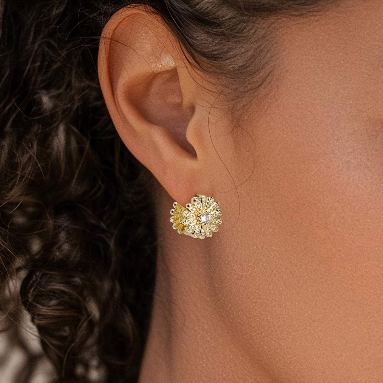 14K Gold Plated Double-Layer Sunflower Stud Earrings with AAAAA Zirconia - Everyday Luxury for Work & Play - JS2